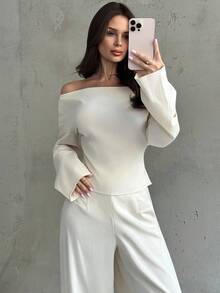 Firerie 夏季新款女士优雅休闲通勤杏色船领落肩长袖衬衫和阔腿裤套装，适合教师、返校、度假、秋季 - 杏色 - 查看 5