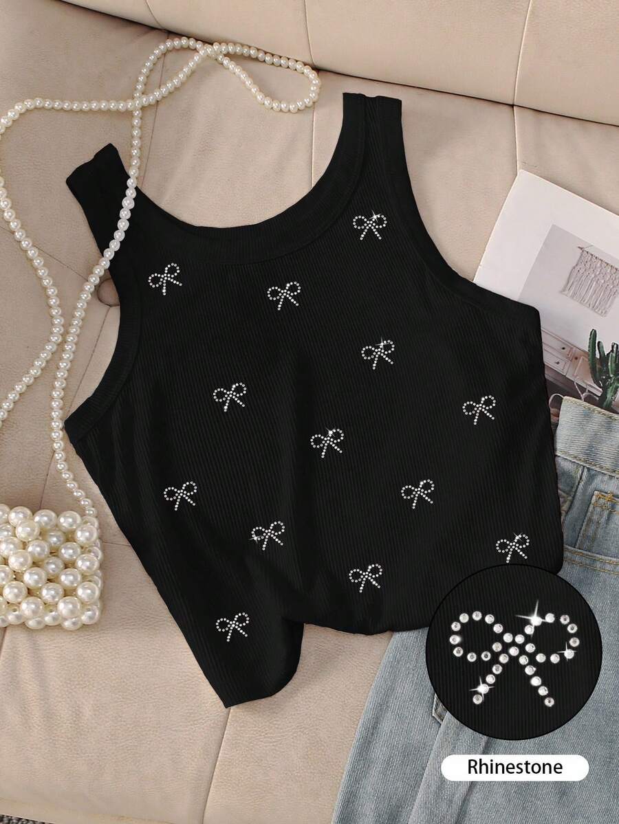 INAWLY Women's Fashion Ribbed Bow Rhinestone Decor Round Neck Camisole - Black - View 1
