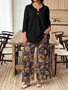 EMERY ROSE 2pcs Plus Size Outfit - Black Top With Vintage Floral Print Comfort Casual Pants Set - Multicolor - View 3