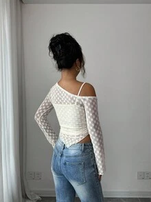 Selianne Fashionable New Oblique Shoulder Lace Sexy Lace Long Sleeve Women T-Shirt - Apricot - View 2