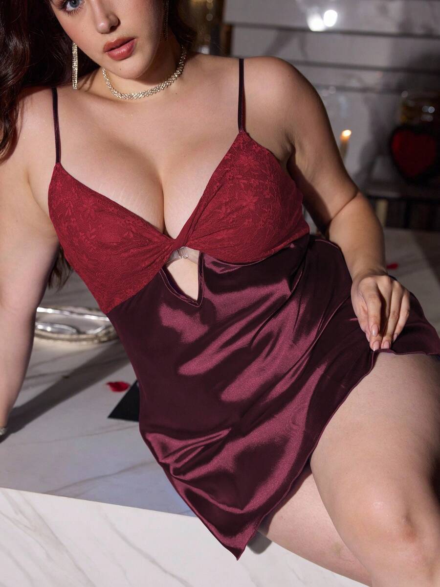 SilkySpell Plus Size Women Blue Seductive Camisole Nightgown Plus Size Satin Sleepwear Plus Size Boudoir Outfits - Red Violet - View 1