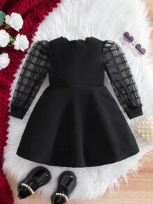 Đầm lưới kẻ caro dài tay màu đen tương phản dễ thương và thanh lịch cho bé gái - màu đen - Xem 3