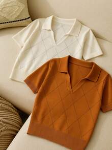 BizChic Blusa de punto de manga corta con cuello polo de diamante en color caramelo para mujer en otoño, básica, urbana, sencilla y elegante para uso casual en la oficina, adecuada para maestras y uso de oficina