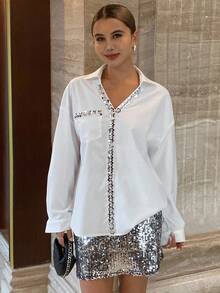 DAZY Sequin Trim Loose Long Sleeve Casual Vacation Blouse For Women, Autumn - White - View 3