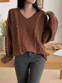 DAZY Damen Loose Fit V-Ausschnitt Langarm einfarbiger Vintage Lässig Strickpullover, Herbst/Winter - Braun - Übersicht 5
