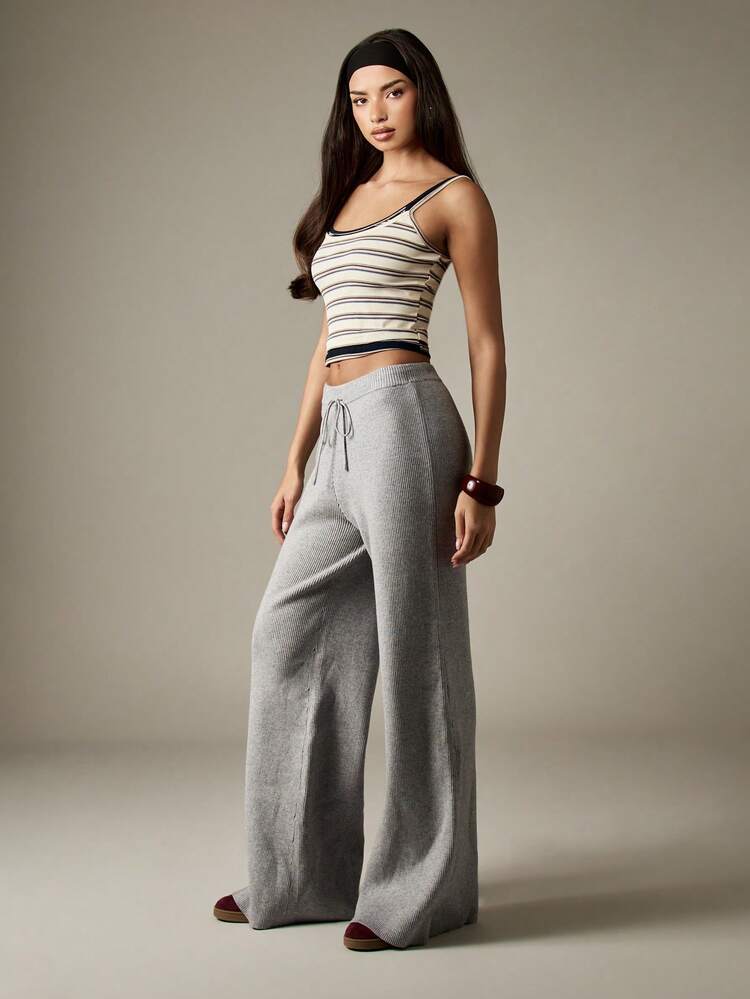 MISSGUIDED Wide Leg Ribbed Knit Drawstring Pants For Women Palazzo Style Casual Lounge Trousers