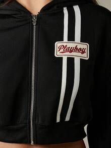 Missguided x Playboy Oversized Cropped Zip Up Hoodie With White Stripe Detail And Logo Patches For Casual Streetwear Style