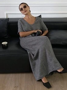 DAZY Grey Loose Casual Long Short Sleeve Sweater Dress For Women, Autumn/Winter Summer Women Dresses Sundress Maxi Dress - Grey - View 7