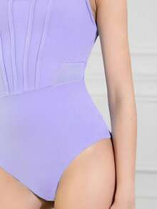 SHEIN Tween Girls' Simple Purple Bodysuit With Mesh Inset, Slim Fit For School, Professional Training, Ballet, Gymnastics, Dance Studio, Dancewear - Purple - View 6