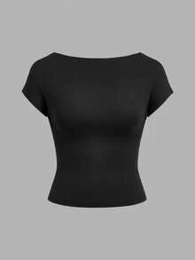 SHEIN EZwear 女士休闲简约V领短袖T恤，黑/蓝/白唇印图案，适合春夏旅行、度假、约会 - 彩色 - 查看 7