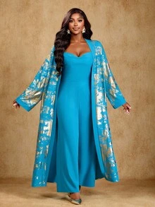 Brilight “女士优雅派对金色印花长款开衫和深 V 领褶饰连体裤 2 件套” - 水鴨藍 - 查看 6