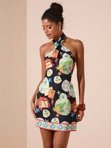Travachic Print Halter Backless Sleeveless Boho Mini Dress Graphic Dress Vacation Dress Resort Dress Halter Dress Tropical Print Dress,Chic Autumn,Going Out Outfit,Elegant Outfits,Country Style For Women, Cruise Dinner Dress,Fall Clothes For Women ,Fall Dresses For Women,Elegant Dresses For Women
