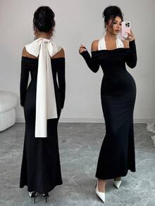 Elenzga 女士精致优雅针织单肩腰包及臀长裙，秋冬派对，女士婚礼宾客礼服 - 黑色 - 查看 1