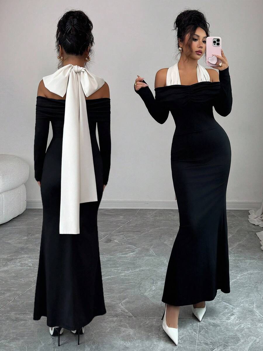 Elenzga 女士精致优雅针织单肩腰包及臀长裙，秋冬派对，女士婚礼宾客礼服 - 黑色 - 查看 1