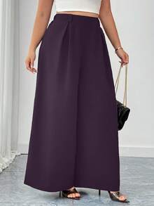 Elenzga Plus Size Black Elastic Waist Wide Leg Casual Pants, Comfortable Fabric Suitable For Commuting & Business, Spring/Summer/Autumn - Purple - View 5