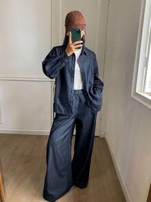 DAZY Women's Waist Cinched Back Tie Loose Denim Shirt And Wide Leg Jeans Casual Denim Suit - Dark Wash - View 3