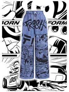Paul Frank X SHEIN Tween Girl  Fall Clothes, Letter & Cartoon Pattern Trousers Imitation Denim,Back To School ,Tops For School,Homecoming - Blue - View 2