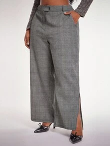 SHEIN SXY Plus Size Women's Elegant Sexy Plaid High-Waisted Side Slit Suit Pants, Suitable For Office Commute, Business, Party, Minimalist, Birthday, Formal Events, Autumn/Winter