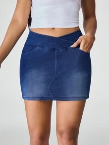 Flexra Women's Asymmetric Waist Bodycon Stretch Denim Mini Skirt - Blue - View 5