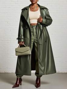 Slaydiva Autumn/Winter New Arrivals, Suitable For Easter, Western, Beach, Bohemian, Boho, Festival, Vintage, Country Music, Outdoor, Fairy, Holiday, Airport, Western, Tropical Vacation Styles, Spring/Summer Green Trench Coat Plus Size Trench Coat Faux Leather Trench Coat Women Trench Coat Long Green Coat Fall - Green - View 12