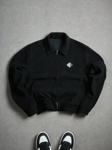 PAVTROS Men's Simple Black Corduroy Jacket , Men Zip Up Jacket , Jersey Jacket , Black Corduroy Jacket , Cropped Zip Up Jacket , Streetwear, Jersey Zip Up Jacket, Grunge, Fall/Winter