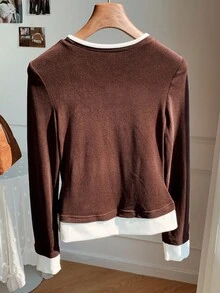 SHEIN Comfortcana Áo thun nữ hai mảnh cổ tròn tay dài, dày vừa phải, thường ngày - Cà phê nâu - Xem 2