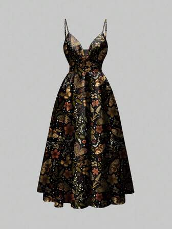 Fairycore Romantic Bohemian Butterfly, Moth, Leaf Print Sleeveless Low-Cut Sexy Dress For Women, Suitable For Vacation