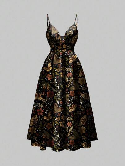 Fairycore Romantic Bohemian Butterfly, Moth, Leaf Print Sleeveless Low-Cut Sexy Dress For Women, Suitable For Vacation