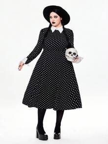 ROMWE Avant Plus Size Women Polka Dot Pattern Cosplay Role-Playing Mid-Length Dress, Slimming - Black and White - View 6