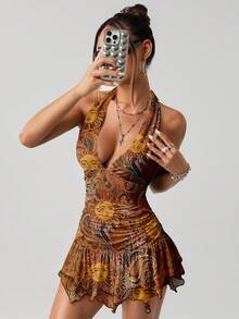 SHEIN ICON Halter Retro Color Block Paisley Print Bodycon Ruched Asymmetric Hem Mini Dress,All Shades Of Brown,Summer,Boho,Holiday,Night Out Club Y2K Grunge - Multicolor - View 6