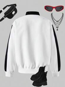 SHEIN Explorewe HYPEME Tween Girl Girls' Casual Sports Style Colorblock Print Stand Collar Zip-Up Jacket, Suitable For Sports, Leisure, Commuting, Back To School Wear - Black and White - View 2