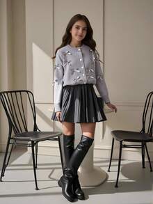 SHEIN 2 件套优雅蝴蝶结针织毛衣和褶皱针织裙套装，女童冬季服装