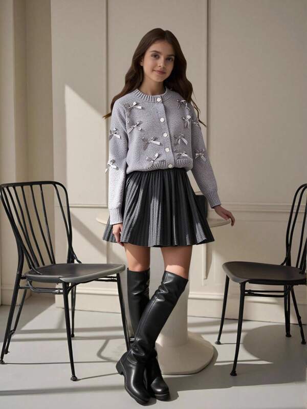 SHEIN 2pcs/Set Elegant Bow Knit Sweater And Pleated Knit Skirt Set, Winter Outfit For Girls