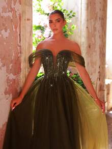 Glamrae Elegant And Gorgeous Olive Green Sequin Embroidery, Hand-Arranged Floral Appliques, One-Shoulder Back With Tie-Back Details, Oversized Sleeves And A Long Train, Suitable For Happy Gatherings, Dates, Formal Occasions, And Evening Dresses (Heavy-Duty Style) - Olive Green - View 3