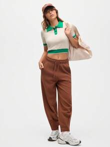 Eassivo Eassivo 女式撞色饰边短款 Polo 衫、短款针织衫、女式 Polo 衫 - 米色 - 查看 5