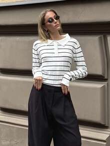 Pariaura Áo len chui đầu dệt kim kẻ sọc đen trắng tương phản, lớp lót bó sát dành cho nữ mùa thu/đông - Đen và trắng - Xem 1