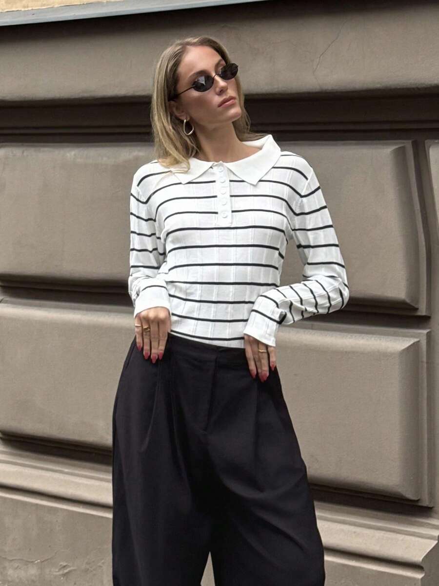 Pariaura Áo len chui đầu dệt kim kẻ sọc đen trắng tương phản, lớp lót bó sát dành cho nữ mùa thu/đông - Đen và trắng - Xem 1