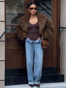 DAZY 女士加厚短款仿毛皮外套，棕色，秋冬女式外套 - 棕色 - 查看 4