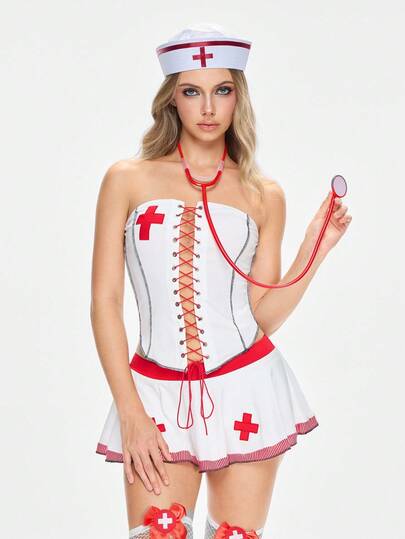 ROMWE Avant Halloween Sexy 2 Pieces Halter Crop Top And Mini Skirt Nurse Costume