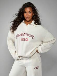 Missguided x Playboy Oversized Collared Button Up Sweatshirt Casual Pullover Long Sleeve Fall Winter Fashion Top - Apricot - View 1