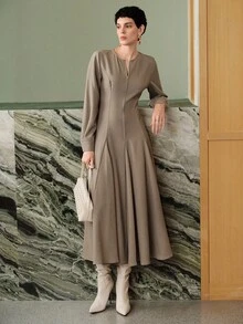 Uhlyne - 女士优雅优质亚麻长袖圆领连衣裙，拉链腰部设计，秋季商务休闲装 - 卡其色 - 查看 6