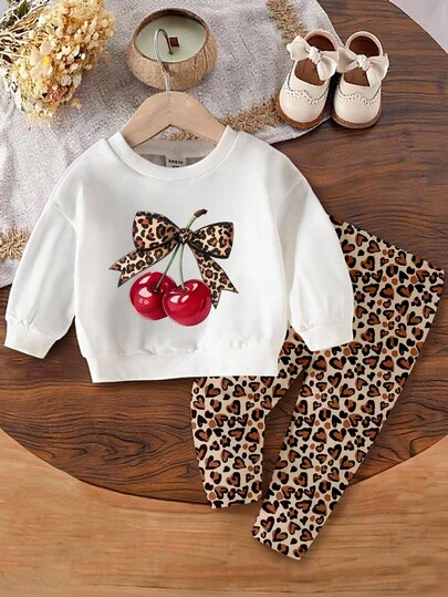 SHEIN 1 Set Baby Girls Casual Fashionable Cute Leopard Print, Cherry & Bow Decor Round Neck Sweatshirt And Leopard Print Leggings Set, Autumn/Winter Fall