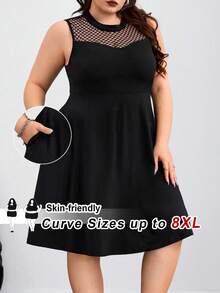 SHEIN CURVE+ Plus Size Elegant Black Mesh Patchwork A-Line Dress Sleeveless Round Neck, Fall Winter 2026 22W - Black - View 5
