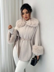 Rafferiza 高品质优雅束腰连帽羊毛领女式大衣，秋冬时尚 - 杏色 - 查看 4