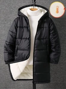 SHEIN Tween Boy Hooded Casual Thick & Versatile Mid-Length Jacket, Suitable For Autumn/Winter, Quilted Coat, Padded Coat, Winter Coat, Padded Coat, Down Coat, Parka Coat, Pockets