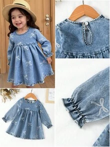 Elladie kids Baby Girl Denim Dress 1pc Baby Girls' Casual Cute Blue Washed Denim Dress Baby Denim Dress Toddler Denim Dress Bow Denim Dress Blue Denim Dress Blue Baby Dress Fall Winter - Blue - View 8