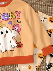 SHEIN Conjunto de sudadera y leggings con estampados de Halloween de 2 piezas para niñas, con diseños lindos de fantasma, calavera, araña, calabaza y murciélago, adecuado para otoño/invierno, disfraz de Halloween