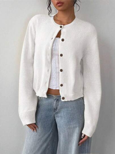 SHEIN BASICS Women's Round Neck White Cardigan Sweater With 6 Buttons, Casual Versatile Soft And Comfortable, Suitable For Autumn Winter, Suitable For Matching, Suitable For Airport, Street, And Back To School, Tops For School