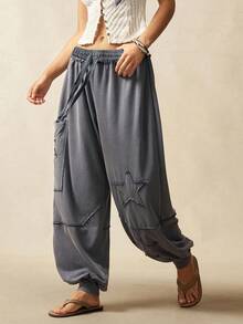 Bohemela 乡村度假休闲纯色针织低腰宽松女裤 - 深灰色 - 查看 2