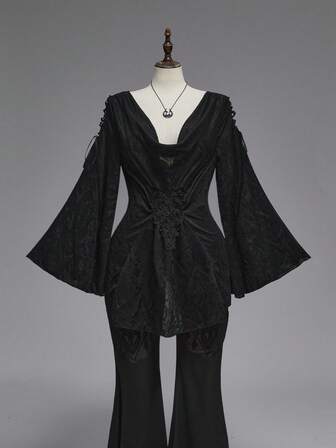 EDITION Top à manches évasées avec imprimé cachemire gothique, col ras-du-cou, épaules dénudées et laçage à la taille, grande taille, Halloween